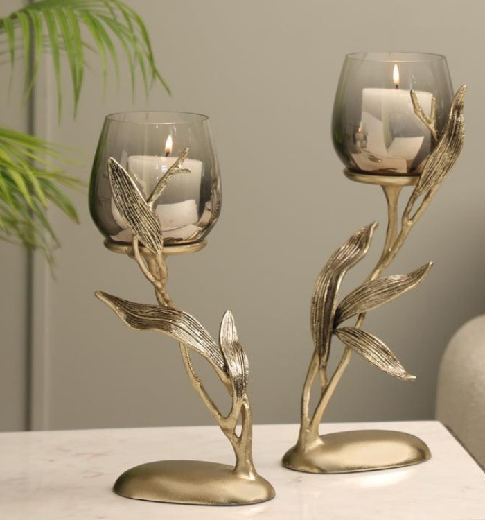 Floral Glass Candle Stand – Luxury Metal Candle Holder Set - Luxe Deccor