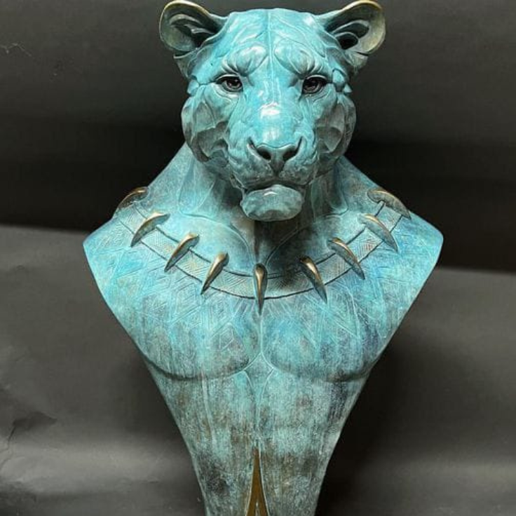 Panthera Azure Bronze Bust – Luxury Teal Jaguar Mask Sculpture