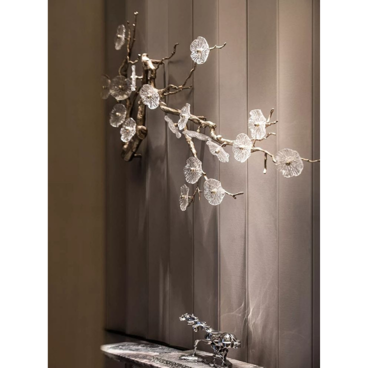 Winter Blossom Floating Wall Branch – Luxury Glass & Metal Biophilic Art