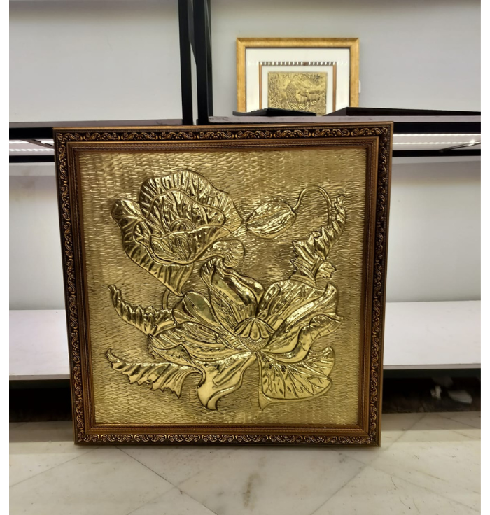Aurum Radiant Lotus Framed Wall Art – Luxury Brass Embossed Metal Decor