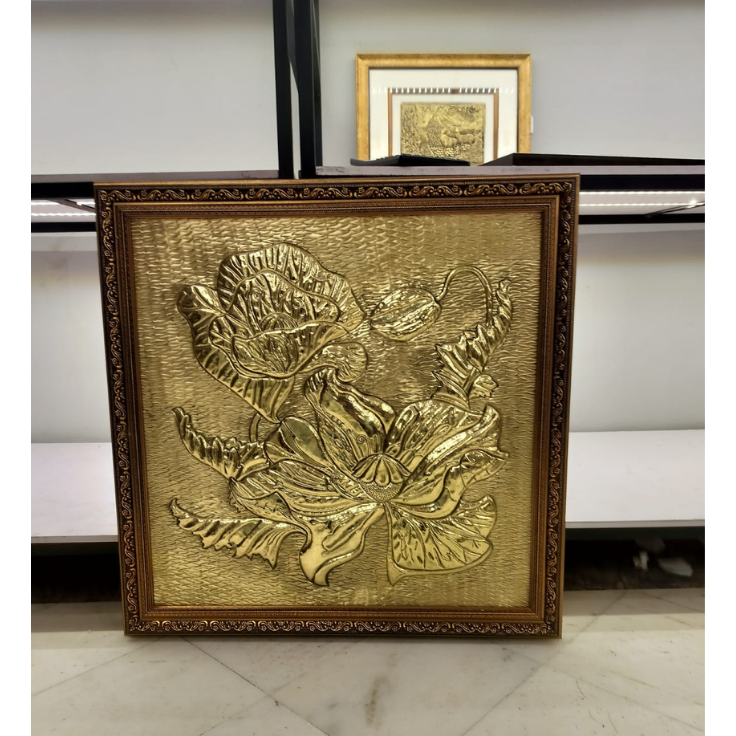 Aurum Radiant Lotus Framed Wall Art – Luxury Brass Embossed Metal Decor